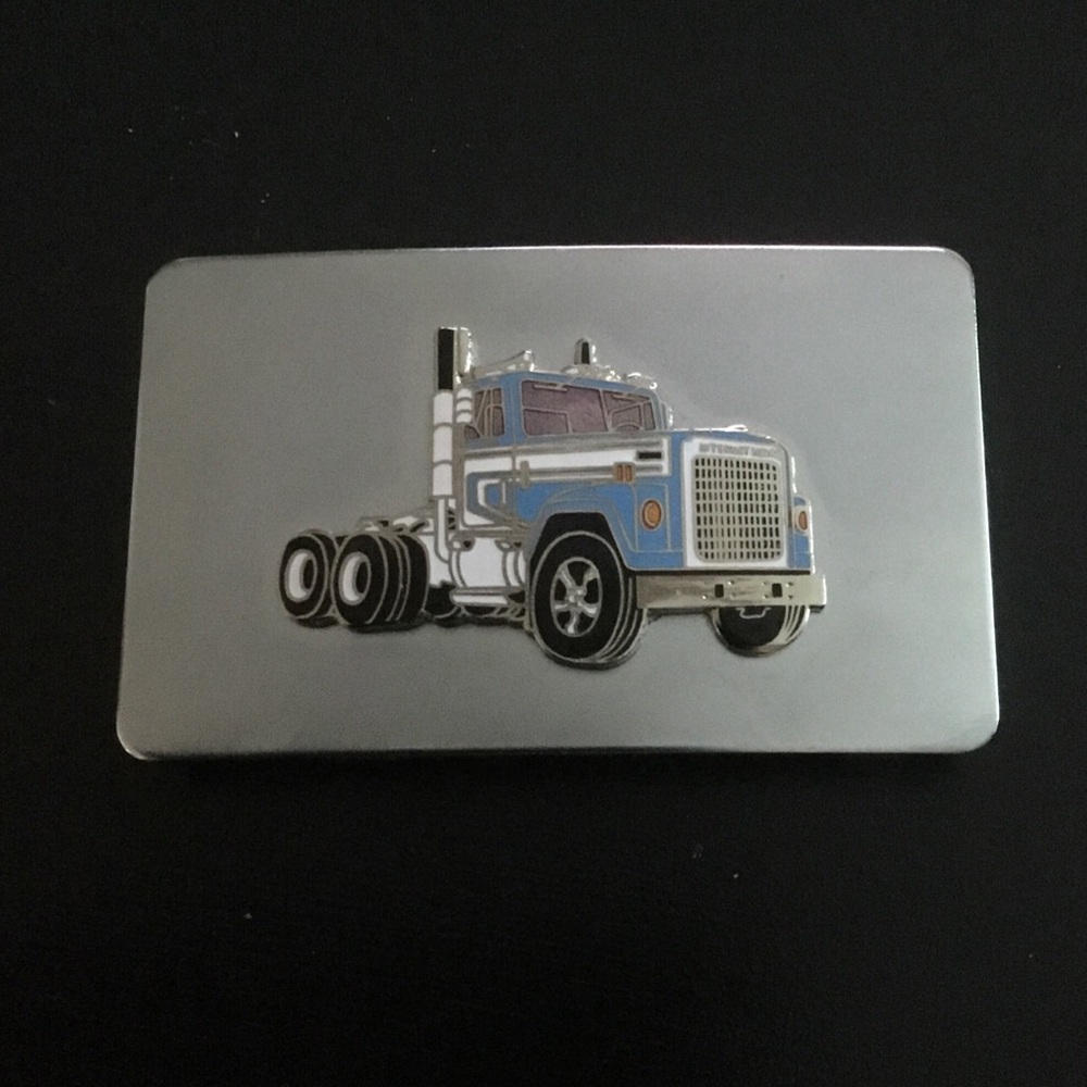 International Semi Truck Belt Buckle Enamel Silver Tone 3.25 x 2” Blue Cab VTG